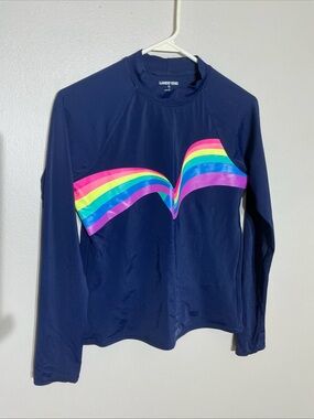 Lands' End Girls (16) Navy Long Sleeve Swim Top with Rainbow Stripes